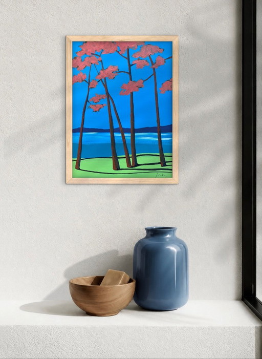 Pintura abstracta de Frédéric Cadiou, árboles rosas y cielo azul