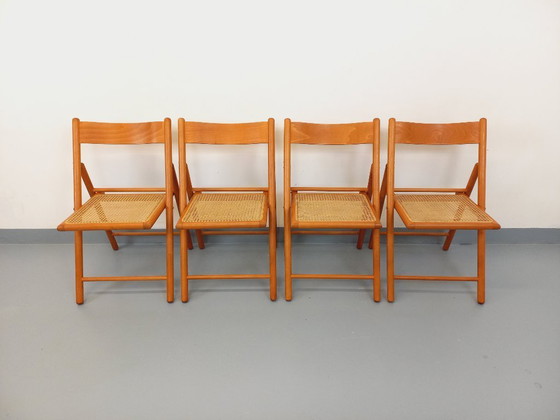 Image 1 of Set of 4 vintage Habitat folding chairs in beech wood and caning from the 1980s
