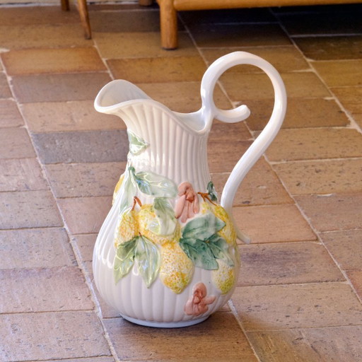Very large vintage lemon-colored earthenware jug/vase signed What's