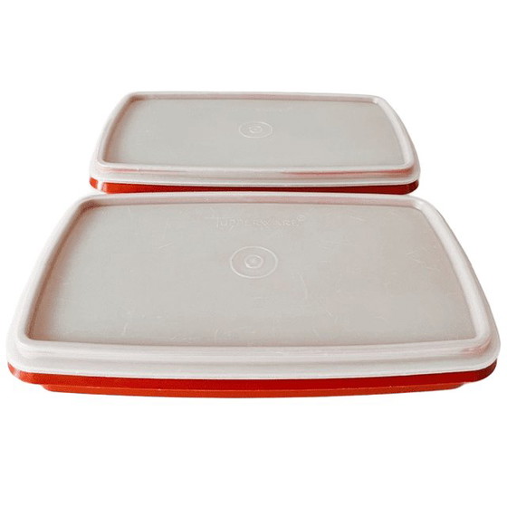 Image 1 of Vintage Tupperware set zes oogstkleur oranje roestbruine kommen opbergbakjes vershoudbakjes 1970's