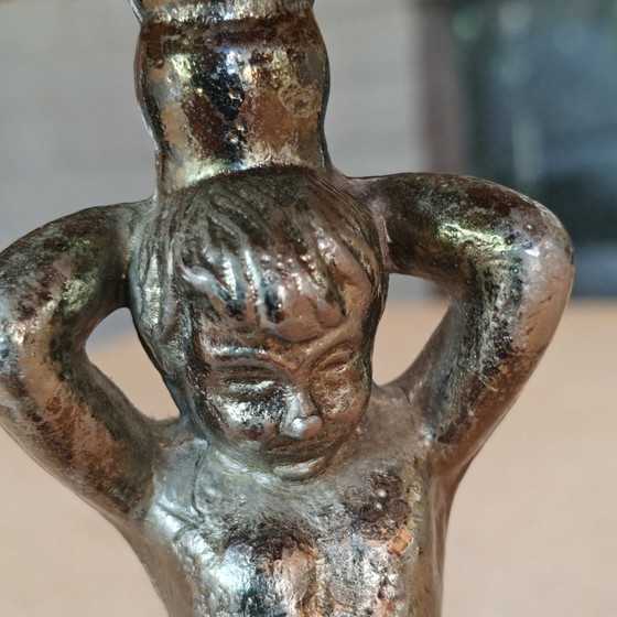 Image 1 of Vintage Tribal Figurine Table Lamp with Hand-Stitched Rawhide Shade and Onyx Base