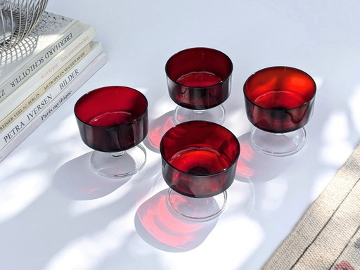 4 x Sherbet Cups by Luminarc | Midcentury Stemmed Red Glasses for Ice Cream, Desserts, or Cocktails
