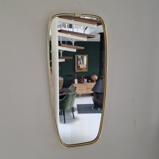 Image 1 of Vintage Mirror from 50s / 60s: Elongated Mirror with Brass Frame, Retro Wall Mirror, Gold Frame, German