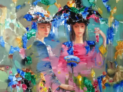 Original Oil Painting Abstract Expressionism Figurative Carnival – schilderijen tekeningen, Canvas