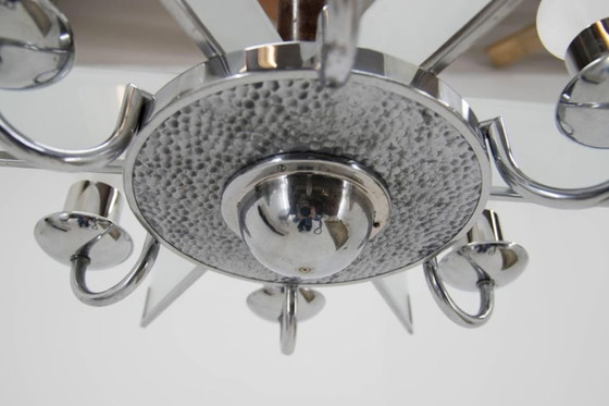 Image 1 of Six-Arm Art Deco Chandelier in Chrome and Sandblasted Glass, 1940s