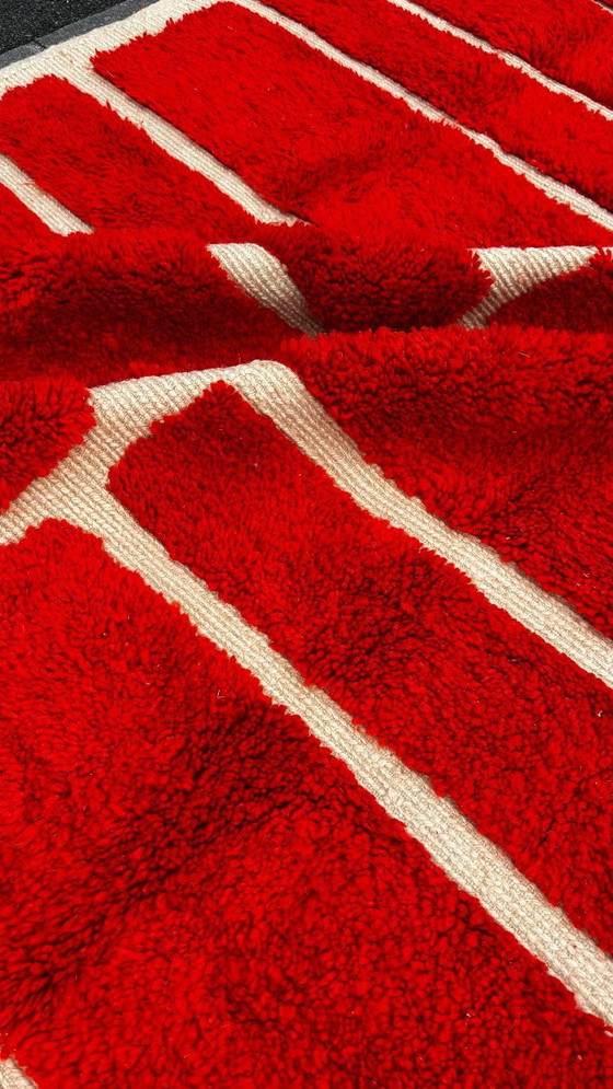 Image 1 of Handgeweven Marokkaans Mrirt wollen vloerkleed 190x300 cm | Rood en crèmekleurig geometrisch ontwerp