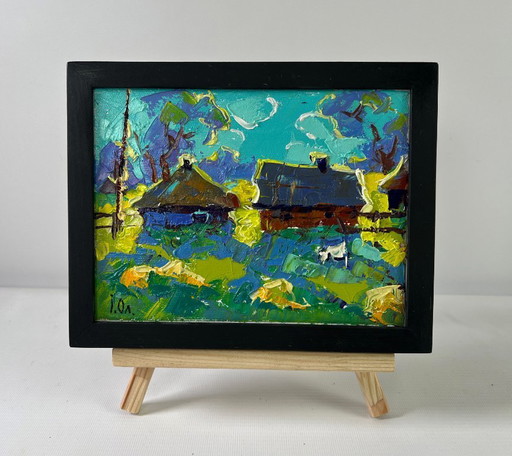 Original Oil Painting Summer Houses Landscape Moonlit night in the village