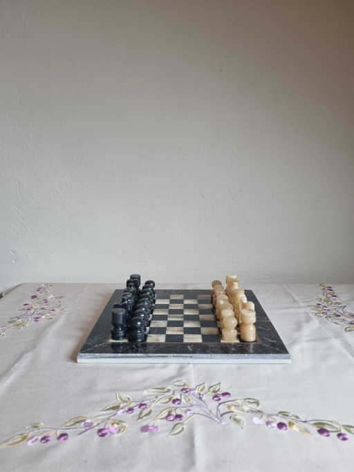 Marmeren onyx schaakbord beige zwart met originele doos!
