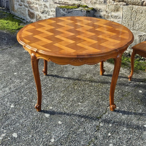 French Vintage Marqueterie Dining Table-extandable Cherrywood Table -Style Louis XV-80s