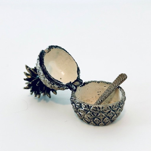Silver vintage mini Salt Pot with spoon - Silver with email inside - very collectible - original old condition - ca. 3,5cm