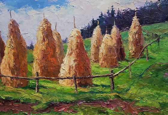 Original Oil Painting Summer Nature Landscape Haystacks in the Mountains – Paintings & Drawings, Canvas (photo 8 of 8)