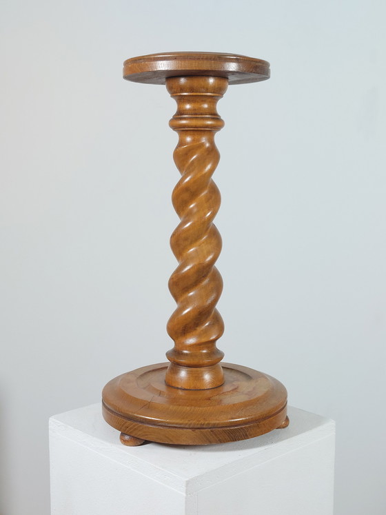 Image 1 of Colonne à fleurs vintage en bois tourné, support à fleurs, pilier