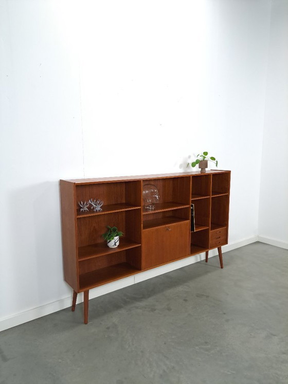 Image 1 of Danish teak wide LP cabinet with shelves, drawers and bar with mirror