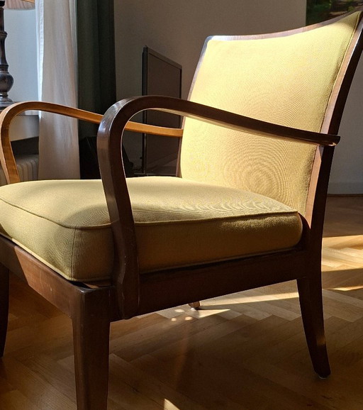 Knoll Antimott armchair, mustard-colored, Art Deco design – fauteuils, Textile, Wood
