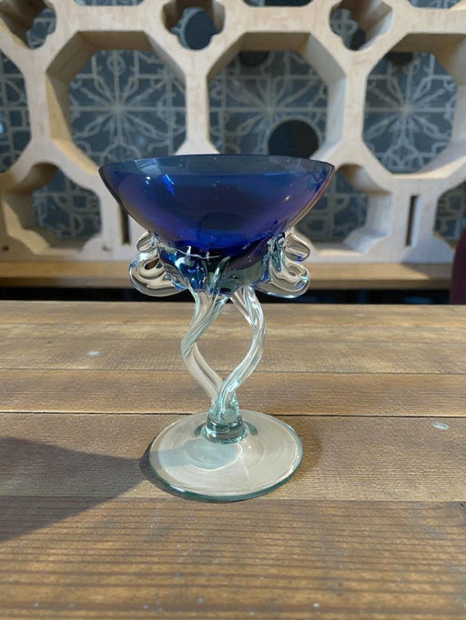 Krosno Polish Gass Art Compote – Cobalt Blue Bowl on Twisted Clear Stem