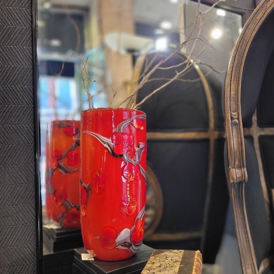 Image 1 of Jarrón floreado rojo, vidrio de Murano, 90’s - Italia