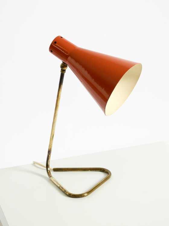 Image 1 of Beautiful, Large Mid-Century Modern Brass Table Lamp with a Brick-Red Shade
