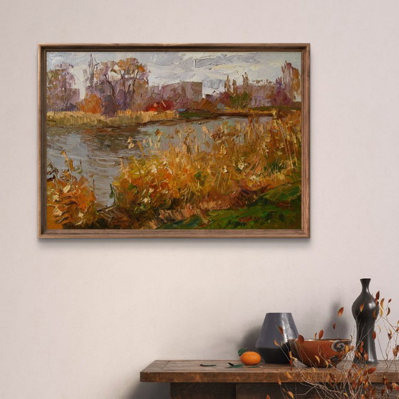 Origineel Olieverfschilderij Natuurlandschap Stadsrand Herfstrivier – Schilderijen & Tekeningen, Canvas (photo 3 of 7)