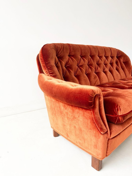 Image 1 of Rust-Orange Velvet Sofa