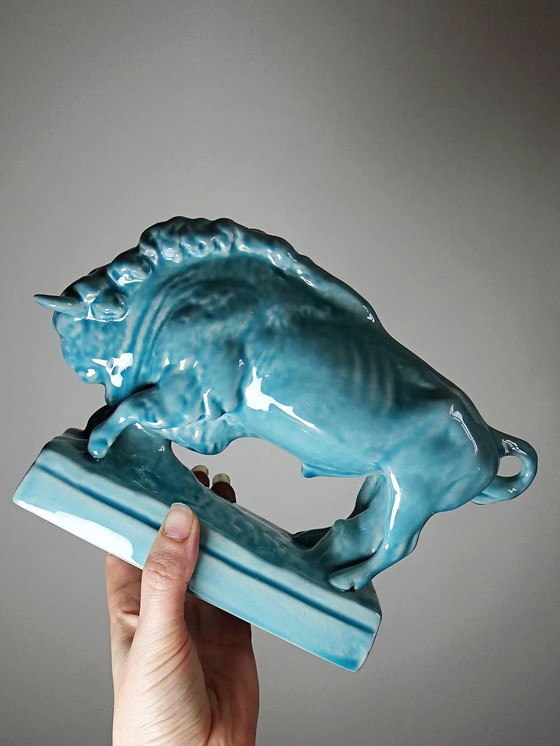 Bisonte Zsolnay in maiolica smaltata turchese, Ungheria, anni '40-'50. – Oggetti decorativi, Porcellana (photo 14 of 15)