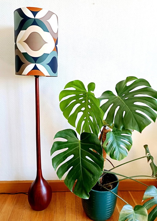 Lampadaire En Teck Scandinave Et Abat-Jour Style 1970