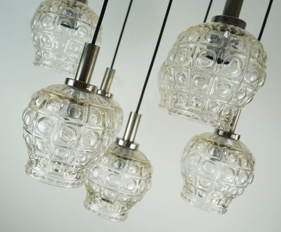 Image 1 of mid-century cascade PENDANT LIGHT - 7 shades - bubble glass and chrome - 1960s/1970s