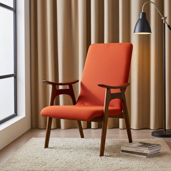Image 1 of Sillón Fauteuil moderno de mediados de siglo de Louis van Teeffelen - Tapicería en rojo anaranjado