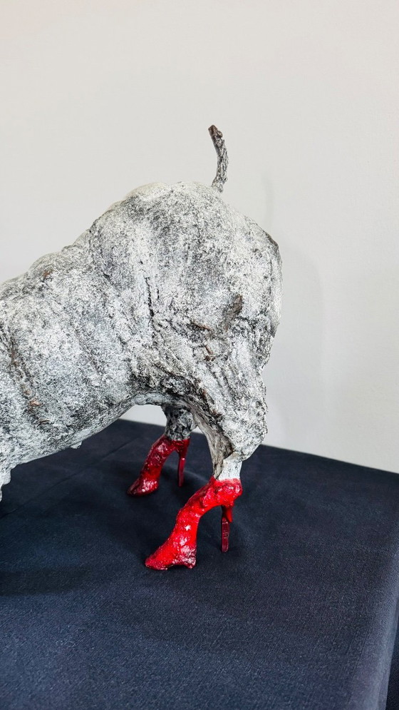 Image 1 of Bronze Rhinoceros statue with matching watercolor painting in cast iron frame