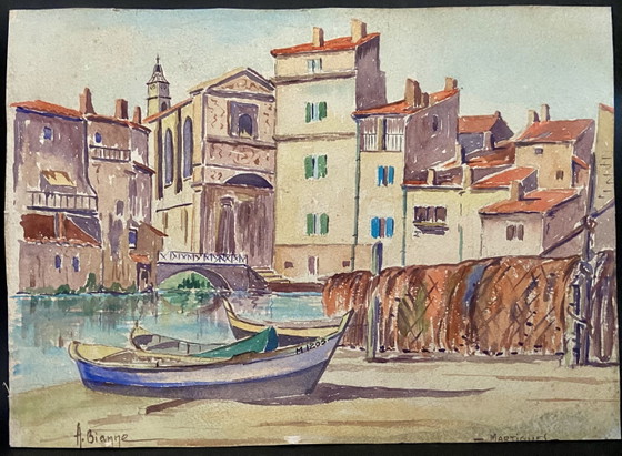 Vintage Franse aquarel van Martigues, Provence – Gesigneerd A. Bianne, ca. 1930 – Schilderijen & Tekeningen (photo 3 of 9)