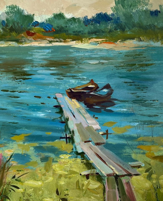 Image 1 of Original Oil Painting Summer River Landscape Boats at rest by the river