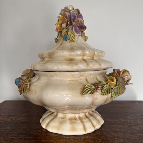 Image 1 of Vintage Baroque-Style Ceramic Lidded Bowl with Hand-Applied Flowers