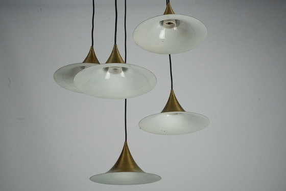 Image 1 of Fog & Morup, Midcentury Brass Pendant with Five Pendant Drops. Danmark, 1960s