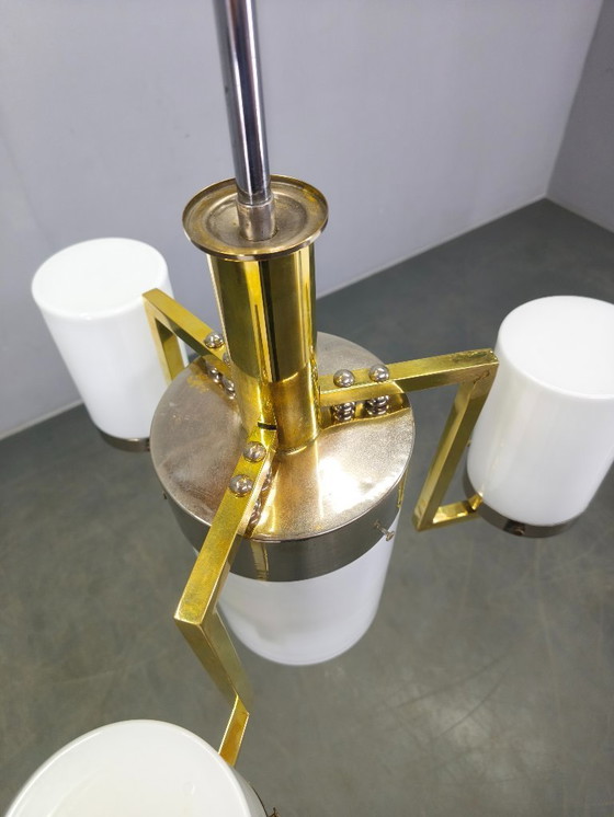 Image 1 of Tschechoslowakischer Art-Deco-Kronleuchter aus Messing und Chrom mit Opalglas, 1930er Jahre