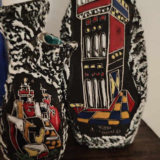 Vintage San Marino Brutalist Lava Ceramic Vase Set – Mid Century Italian Pottery