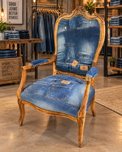 Poltrona Vintage Unica in Denim – Stile Luigi XV Restaurato
