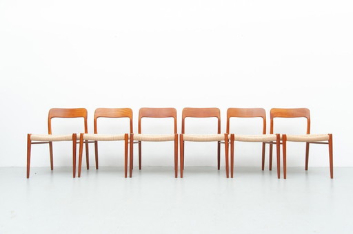 6x dining chairs model 75 made of teak by Niels Otto Møller for J. L. Møller Møbelfabrik (1950s)