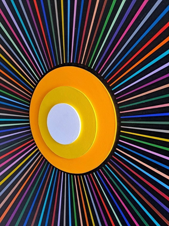 Image 1 of Colorful abstract painting "Millions de couleurs, de rayons de soleil" - Franklin van Dam (acrylic on MDF, 95x95 cm)