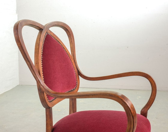 Image 1 of Red Velvet Heartshaped Wooden Vintage Design Side Chairs. Set of 2. 1950s.