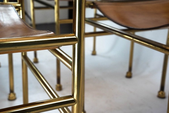 Image 1 of Set van 4 messing en lederen stoelen van Luciano Frigerio, Italië, jaren 70.