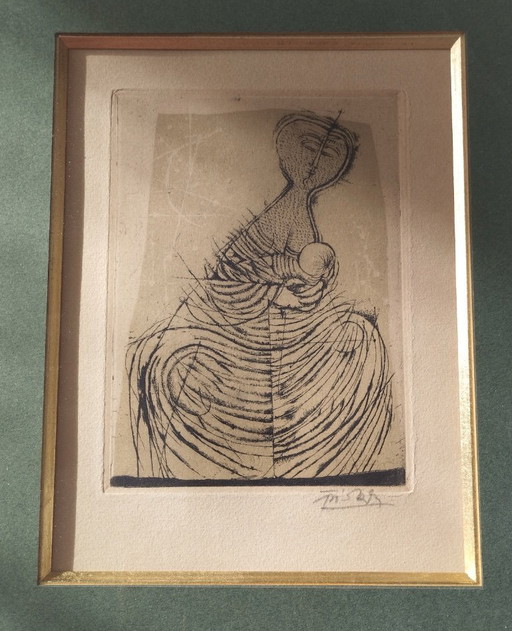 Johnny Friedlaender. Maternità. 1955. Acquaforte incorniciata.