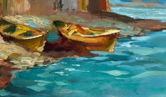 Image 1 of Origineel olieverfschilderij: Stadslandschap aan de kust met stadsboten aan zee.