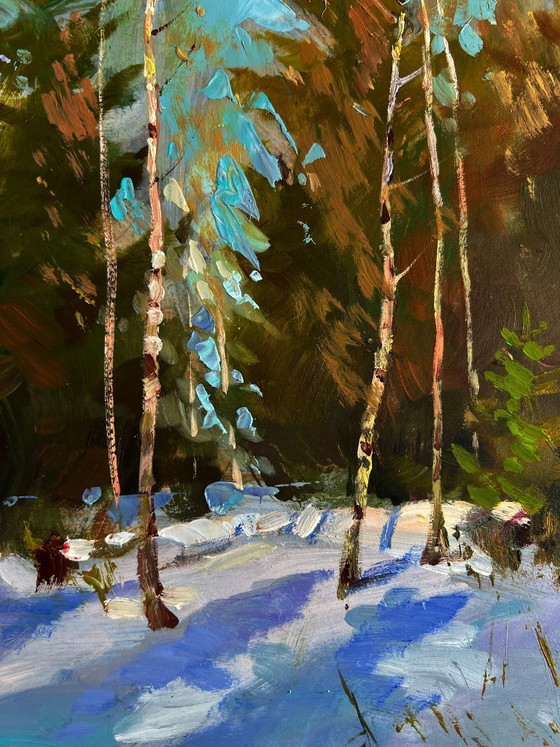 Image 1 of Original Oil Painting Snowy Trees Landscape Sunny winter forest