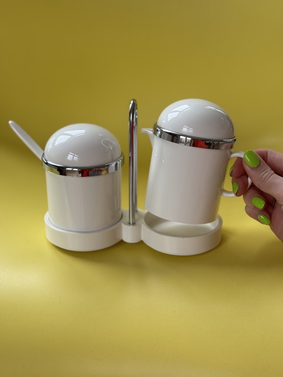 Image 1 of Vintage Milch- und Zuckerset Emsa - Weißer Kunststoff mit Chrom, 70er/80er Jahre Design