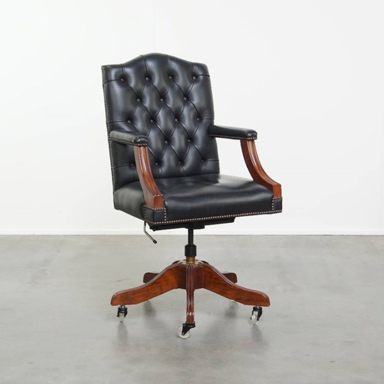 Image 1 of Dark blue/ black cowhide leather chesterfield office chair on wheels