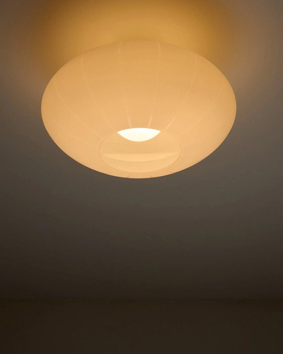 Large Striped Opaline Glass Flush Mount Ceiling Light, Metal, White (photo 8 of 11)