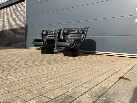 Image 1 of 2x Joe Colombo Elda Stuhl, schwarzes Leder, schwarzes Fiberglas