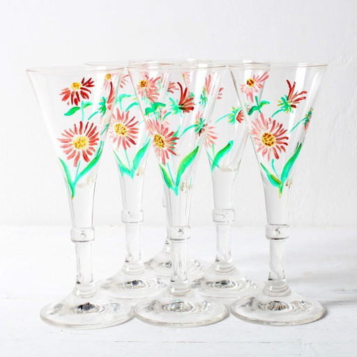 Juego de 6 copas de jerez de diseño floral, raras, de mediados de siglo / Italia / década de 1960