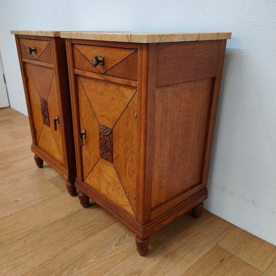 Image 1 of Set Vintage Art Deco nachtkastjes, bijzetkastjes marmer blad