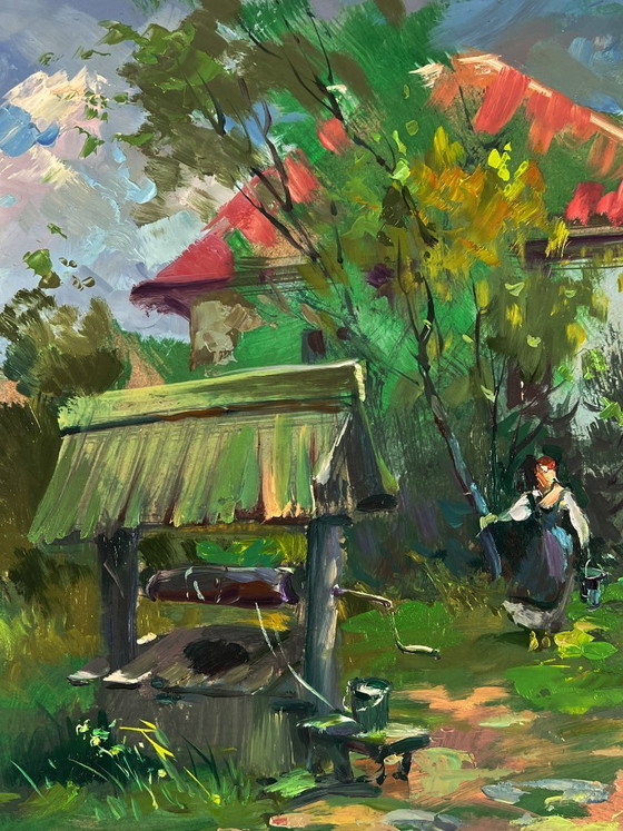 Image 1 of Peinture à l'huile originale, paysage rural, puits de village d'été