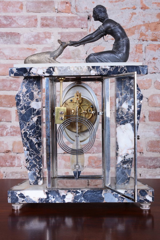 Restored Art Deco Fireplace Clock, Marble, Bronze, Glass, France. 1920s, Black (photo 4 of 15)